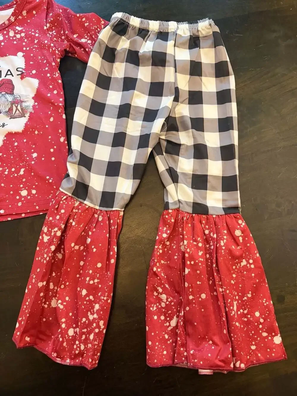 Merry Christmas Gnomies Ruffle Top and Buffalo Plaid Bell Bottom Pants Size 2T